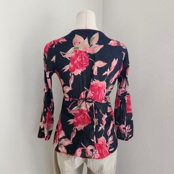 Y2K Magazine Black Pink Rose Print Wrap Tie Back Feminine Fairy Blouse Top S - Picture 6 of 10